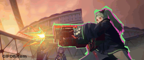 Pixel Art Girl Holding Gun In Front Of Avengers Building GIF
