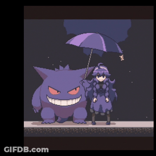 Pixel Art Girl Holding Umbrella Next To Purple Monster GIF