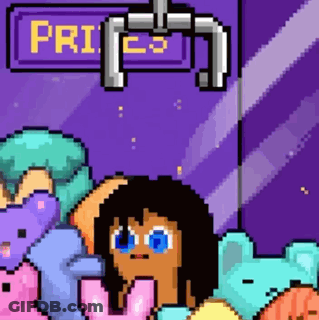 Pixel Art Girl In Claw Machine Surrounded By Stuffed Animals GIF