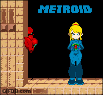 Pixel Art Girl In Front Of Metroid Logo GIF