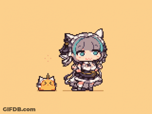 Pixel Art Girl In Maid Costume Standing Next To Cat GIF