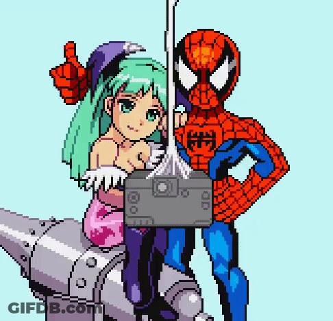 Pixel Art Girl On Robot With Spiderman Holding Remote GIF