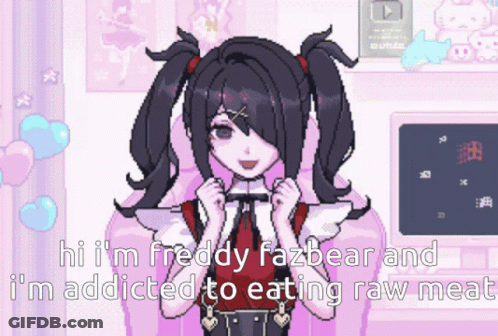 Pixel Art Girl Pigtails Saying Hi I'm Freddy Fazbear GIF