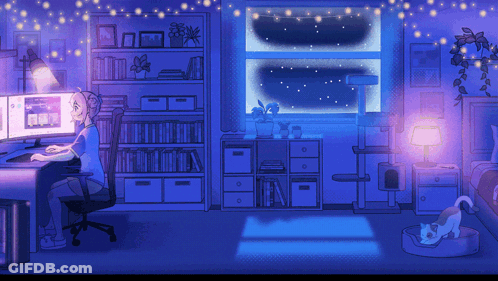 Pixel Art Girl Sitting At Desk With Computer GIF