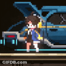 Pixel Art Girl Standing Next To Blue Car GIF