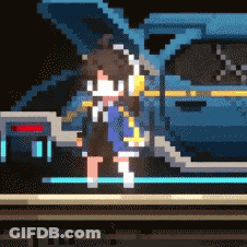 Pixel Art Girl Standing Next To Blue Car GIF