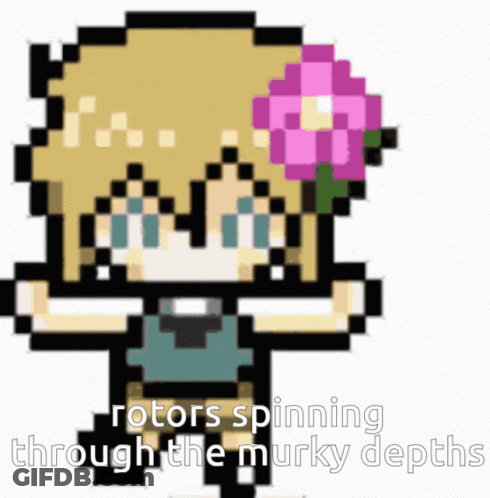 Pixel Art Girl With Flower In Her Hair Rotors Spinning Through The Murky Depths GIF