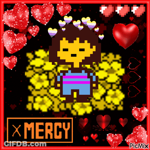 Pixel Art Girl With Hearts On Head Saying Mercy GIF
