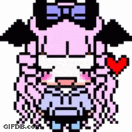 Pixel Art Girl With Pink Hair And Black Horns Holding Heart GIF