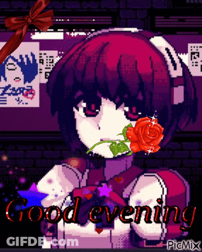 Pixel Art Girl With Rose Saying Good Evening GIF