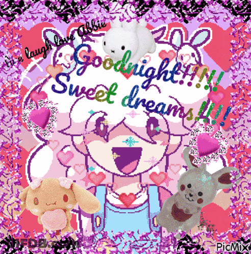 Pixel Art Girl With Stuffed Animals Saying Goodnight Sweet Dreams GIF