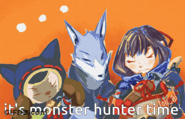 Pixel Art Girl Wolf Cat Monster Hunter Time GIF