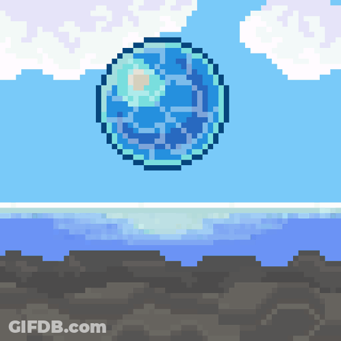 Pixel Art Globe Floating In Sky Over Water GIF