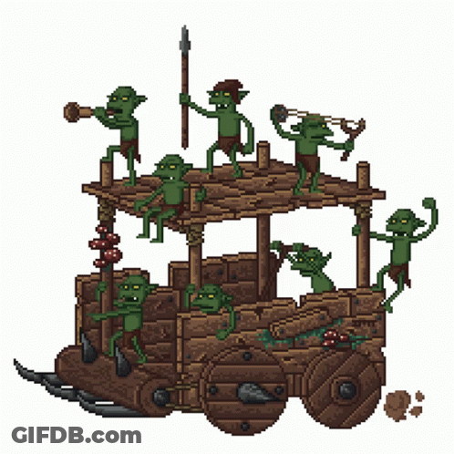 Pixel Art Goblins On Wooden Cart GIF