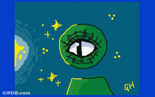 Pixel Art Green Alien With Eye Stars GIF