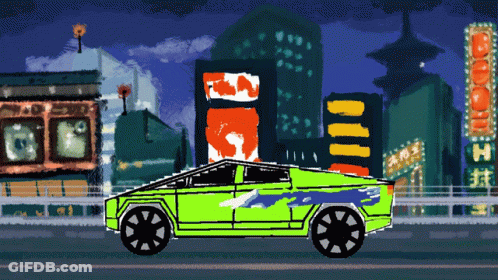 Pixel Art Green Car In Front Of Hot Wheels Sign GIF