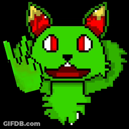 Pixel Art Green Cat With Red Ears Covering Face GIF