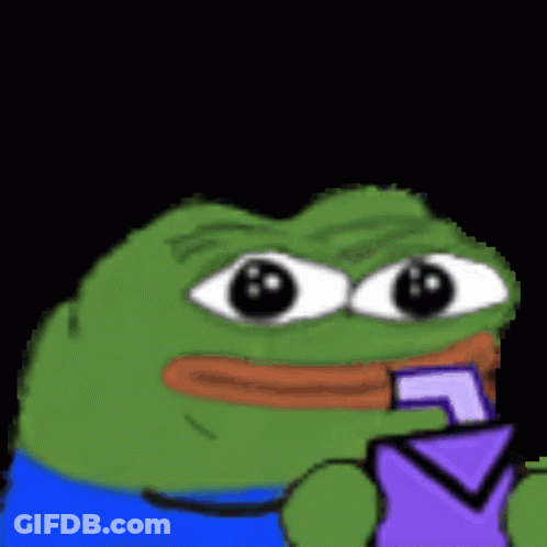 Pixel Art Green Frog Holding Purple Arrow GIF
