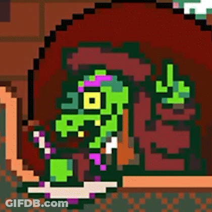 Pixel Art Green Monster With Purple Hat And Candy Cane GIF