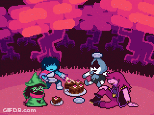 Pixel Art Group Around Table With Cake GIF