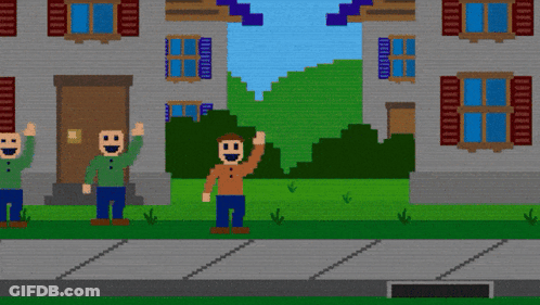 Pixel Art Group Standing In Front Of House GIF