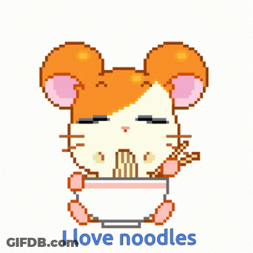 Pixel Art Hamster Eating Noodles Saying I Love Noodles GIF