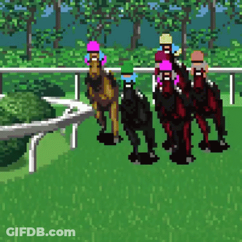 Pixel Art Horse Race With Pink And Blue Helmets GIF