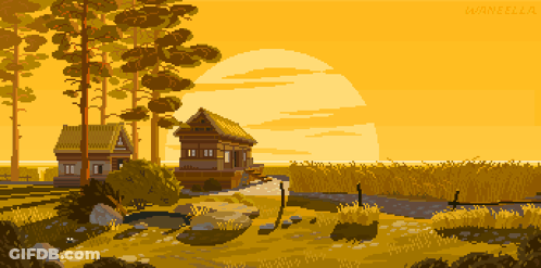 Pixel Art House In Field With Wannella GIF
