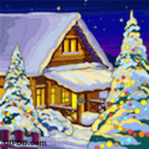 Pixel Art House Surrounded By Snow Covered Christmas Trees GIF