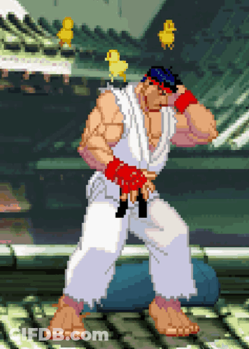 Pixel Art Karate Man With Two Yellow Ducks On Head GIF