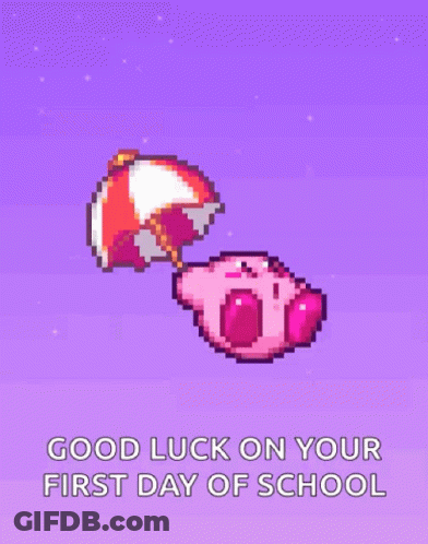 Pixel Art Kirby Holding Umbrella Good Luck On Your First Day Of School GIF