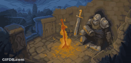 Pixel Art Knight With Sword Next To Campfire GIF