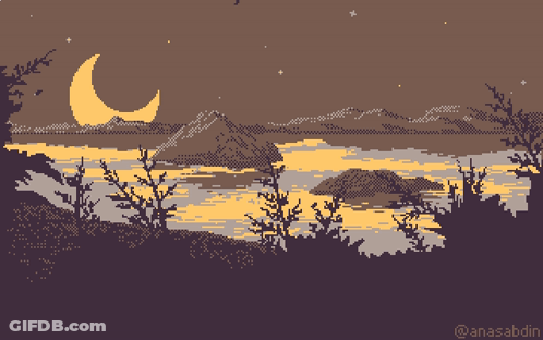 Pixel Art Lake At Night With Crescent Moon GIF