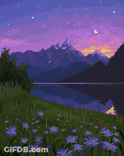 Pixel Art Landscape Lake Mountains GIF