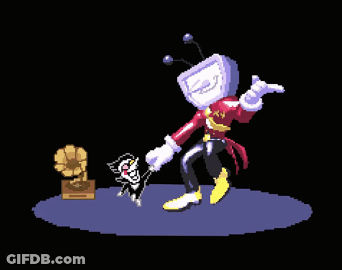 Pixel Art Man And Cat Dancing With Gramophone GIF
