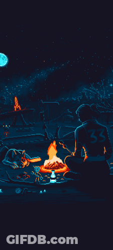 Pixel Art Man And Dog Sitting Around Campfire At Night GIF