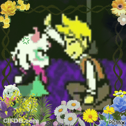 Pixel Art Man And Woman Kissing With Flowers GIF