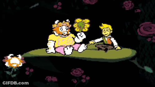 Pixel Art Man And Woman On Leaf With Flowers GIF
