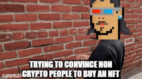 Pixel Art Man Convincing Non Crypto People To Buy NFT GIF