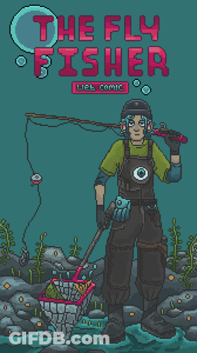 Pixel Art Man Holding Fishing Rod And Net The Fly Fisher GIF