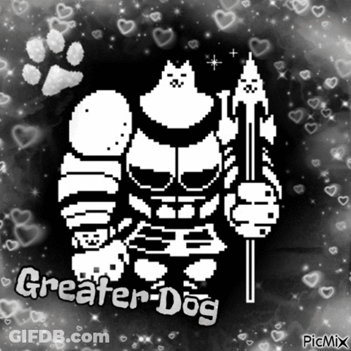 Pixel Art Man Holding Stick Saying Greater Dog GIF