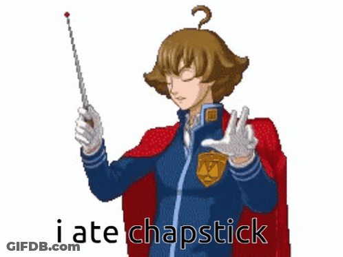 Pixel Art Man Holding Stick Saying I Ate Chapstick GIF