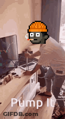 Pixel Art Man In Front Of TV Saying Pump It GIF