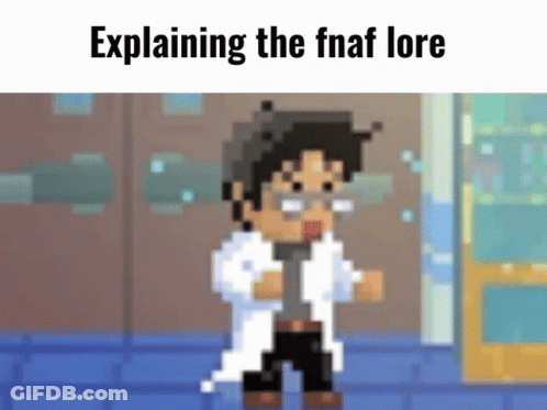 Pixel Art Man In Lab Coat And Glasses Explaining FNAF Lore GIF