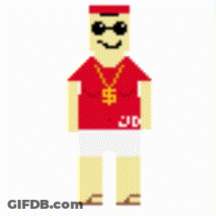 Pixel Art Man In Shorts And Red Dollar Shirt GIF