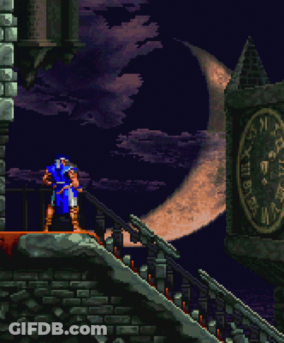Pixel Art Man On Balcony With Clock And Full Moon GIF