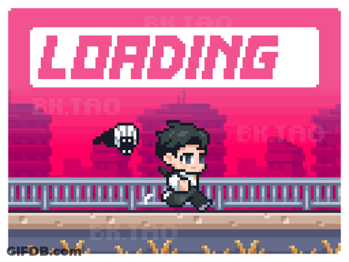 Pixel Art Man Running With Loading Sign GIF