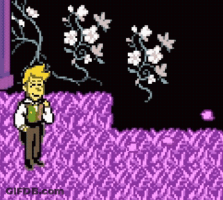 Pixel Art Man Standing In Purple Field With Flowers GIF