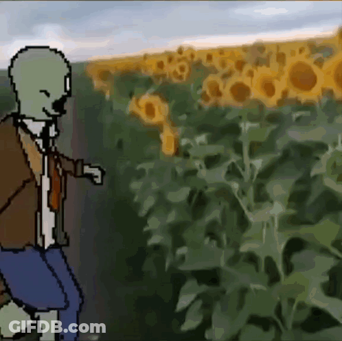 Pixel Art Man Walking Through Sunflowers GIF