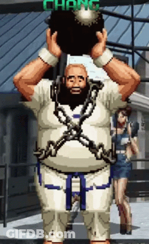 Pixel Art Man With Chains Holding Ball With Text Chang GIF